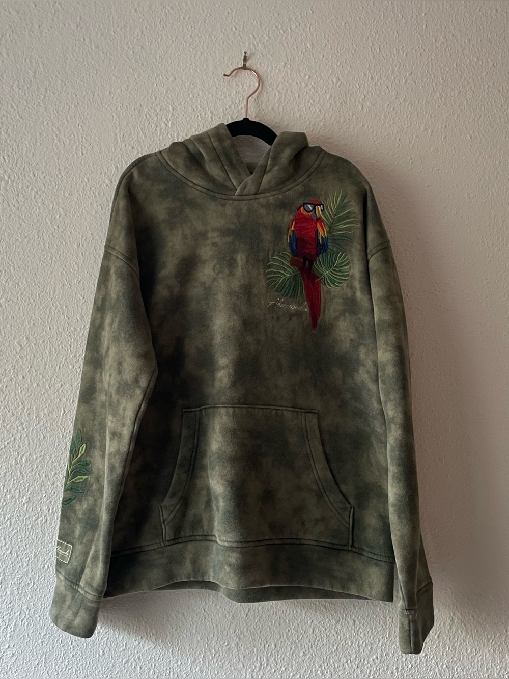 Abercrombie Kids Boys 13/14 Hoodie Parrot Embroidered Olive Relaxed Fit